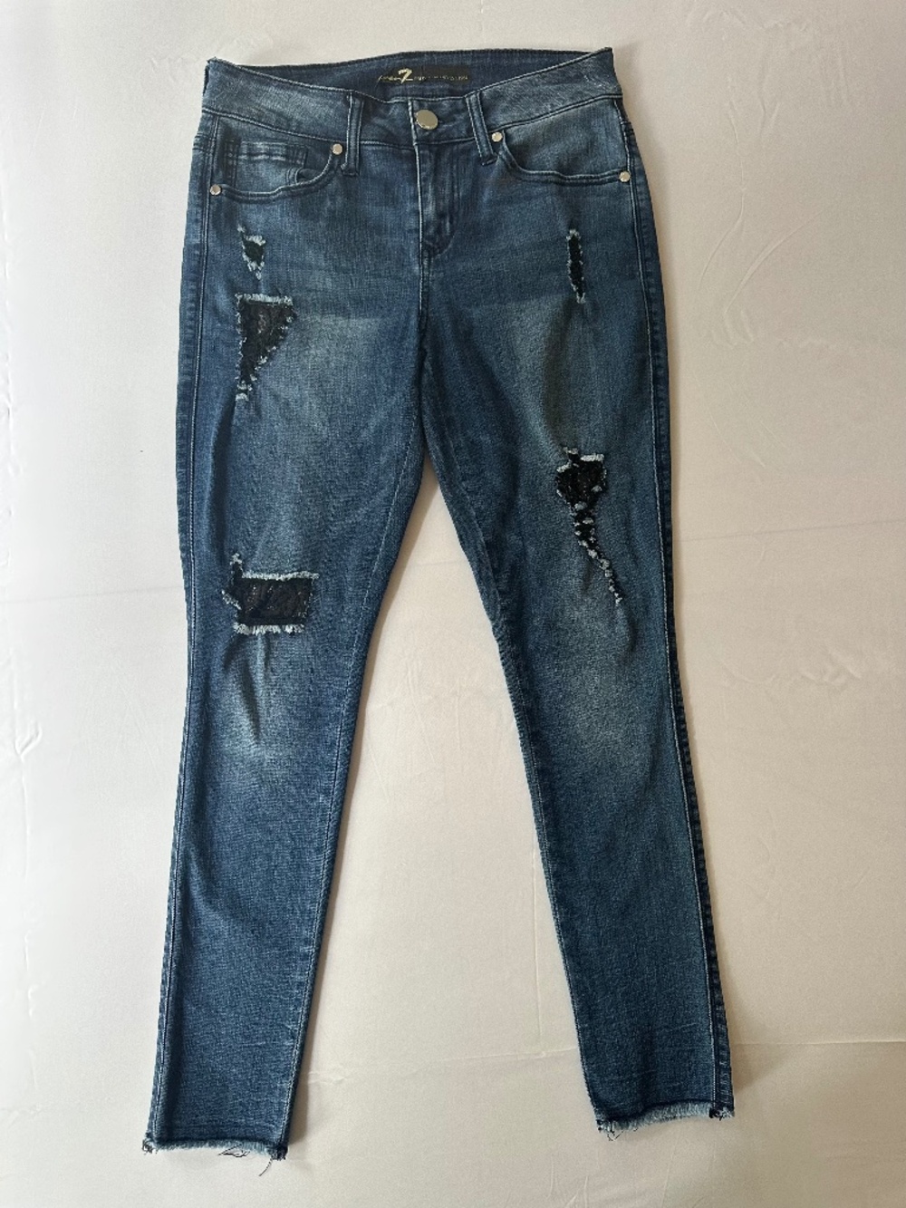 Seven7 Distressed Lace Patch Skinny Jeans Blue Medium Wash Fray Hem Size 4